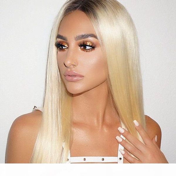 

ombre full lace human hair wigs brazilian 1b 613 two tone lace front human hair wig ombre straight wigs for black women, Black;brown
