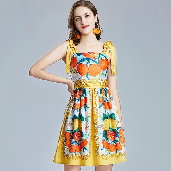 

casual dresses banulin fashion runway summer fruit mini dress 2021 women's bow spaghetti strap backless cherry floral print short, Black;gray