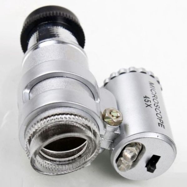 

45x 2led glass lens silver loupes portable mini pocket magnifier jeweler microscope with pvc leather pouch for industry printing