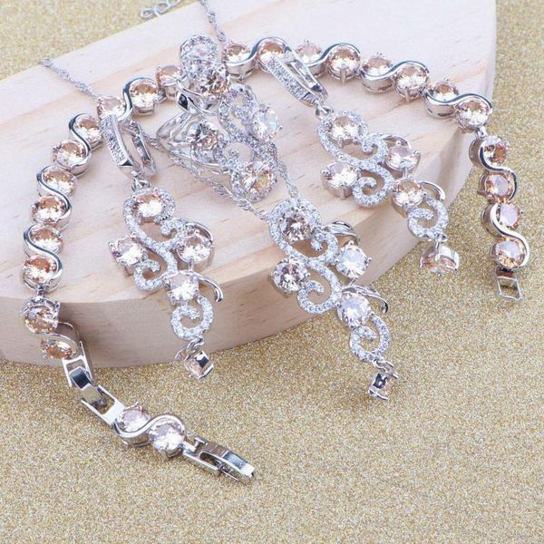 

wedding jewelry sets cubic zirconia bridal silver 925 women costume pendant ring earrings bracelet necklace set gift box, Slivery;golden