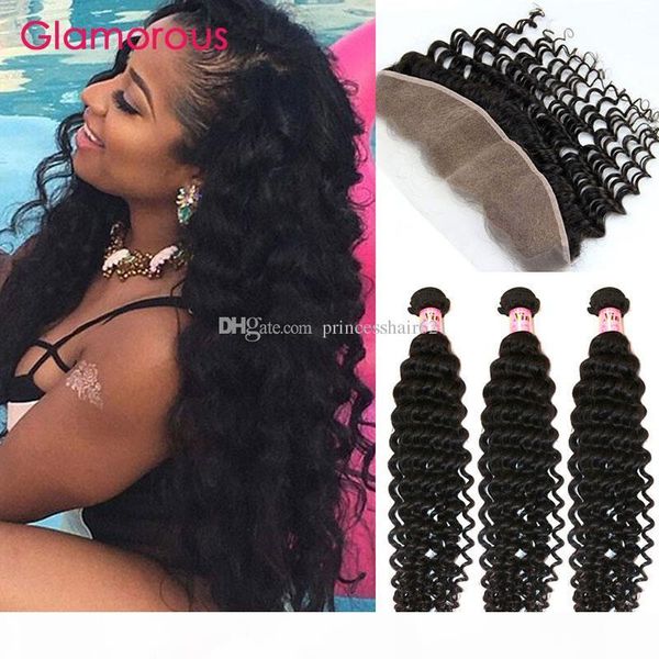 

glamorous malaysian virgin hair 4pcs lot peruvian indian brazilian deep wave curly human hair weaves bundles with lace frontal closure, Black;brown