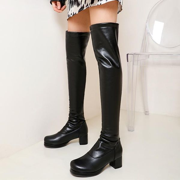 

boots fashion thigh high women platform soft stretch over-the-knee round toe slip-on long shoes female large size 48, Black