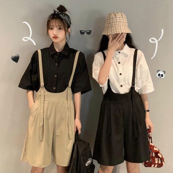 

women 2021 summer fashion shirt and overalls suits female casual loose elastic waist short overalls two piece set w183, Gray