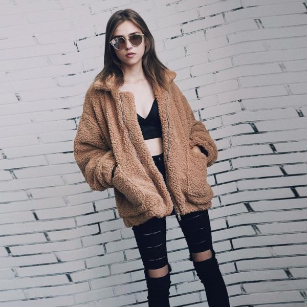 

elegant faux fur coat women 2021 autumn winter warm soft zipper fur jacket female plush overcoat with pocket casual outerwear, Black