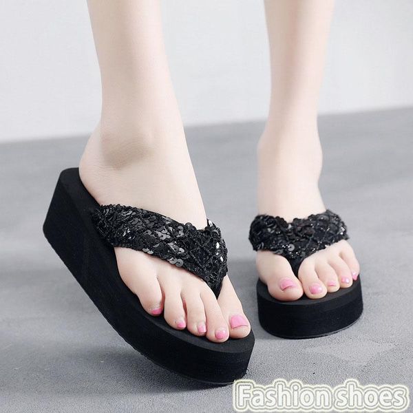 

slippers women women's summer slope with sequins and high heels sandals beach fashion students' shoes, Black