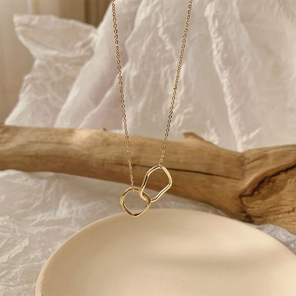 

amulet pendants metal geometric double ring necklace women's net red clavicle chain long simple choker personality ornament, Golden;silver