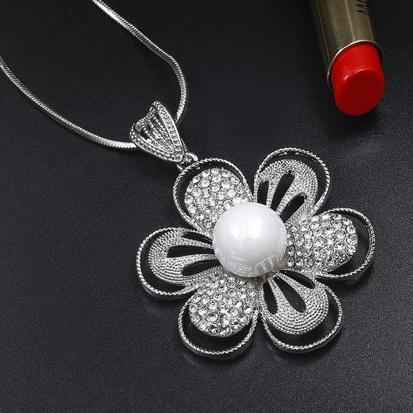 

chains fashion flower choker necklace for women crystal long necklaces & pendants silver color chain jewelry collier