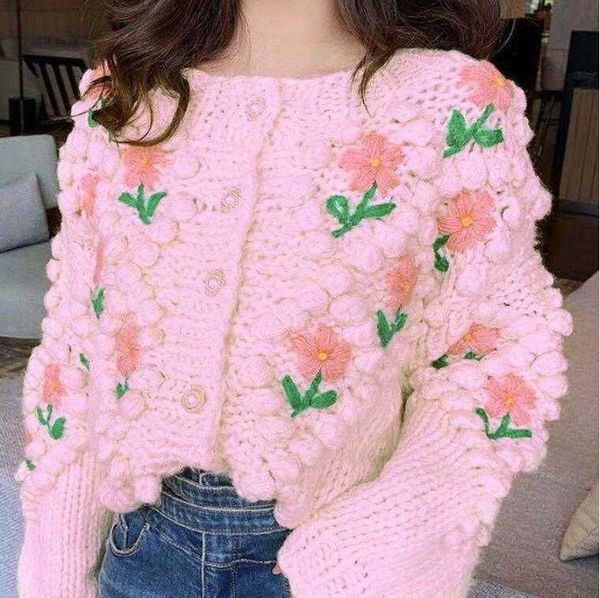 

women's knits & tees retro 3d flower hand crochet dot ball cardigan pink sweater vintage woman o neck long sleeve loose knitw 5hi5, White