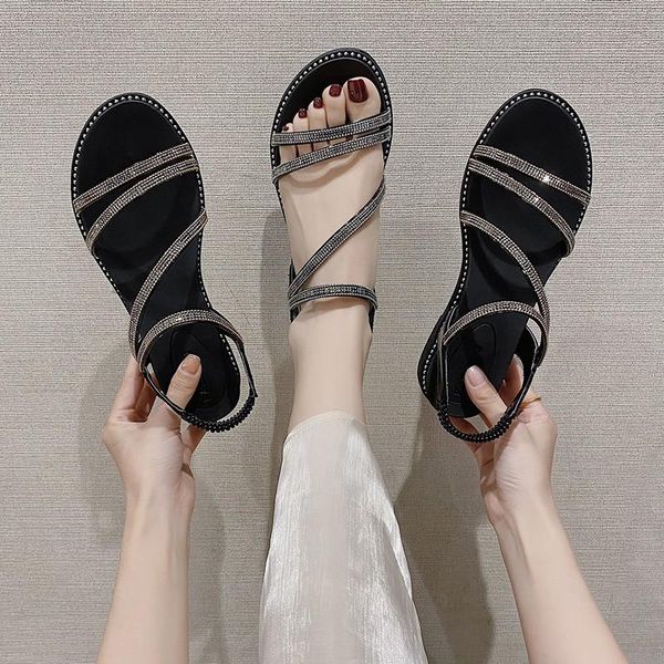 

sandals elastic band low-heeled shoes with strap 2021 women's large size suit female beige slip-on rhinestone fas, Black
