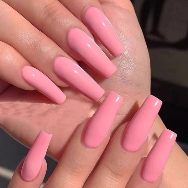 

false nails 24pcs/box long ballerina solid color wearable fake detachable full cover nail tips press on, Red;gold