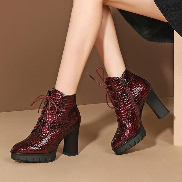 

boots women's winter 9.5cm high heels platform snake lace up gigh quality cow leather ankle booties female wedding shoes, Black