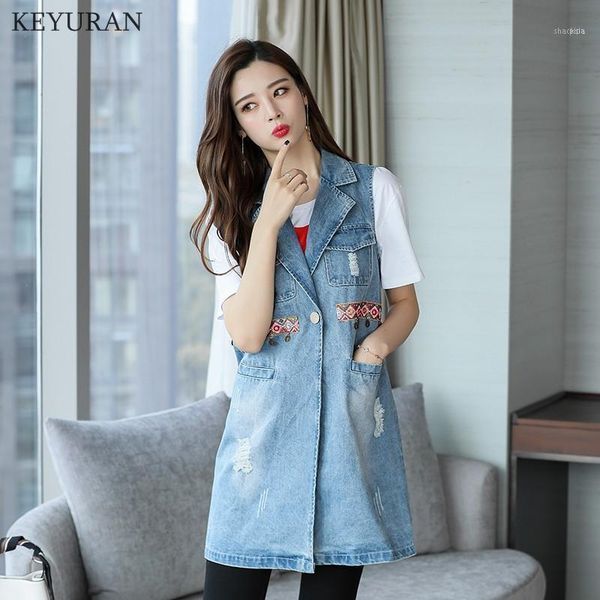 

spring autumn vintage flowers embroidered long denim vest coat women casual pocket sleeveless lapel hole jean jackets1, Black;white