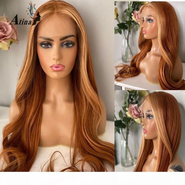 

pre plucked human hair wig bleach knots remy ombre orange ginger highlight colored straight transparent lace part wigs atina 180, Black;brown