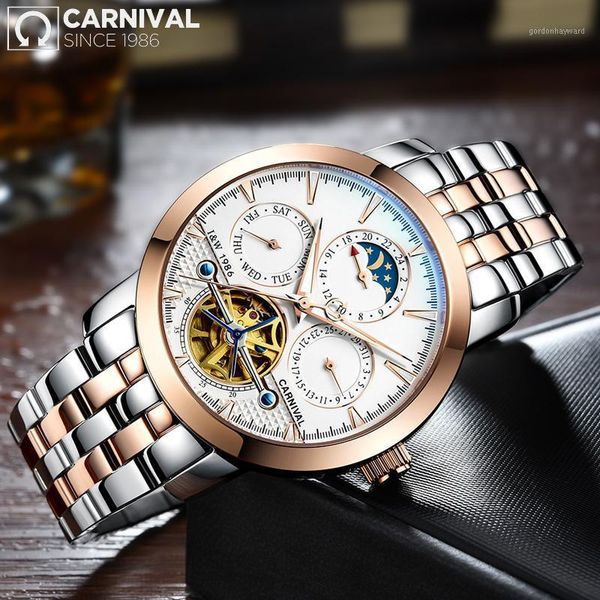 

tourbillon automatic mechanical men watch dive 30m business full steel skeleton wristwatches, Slivery;brown