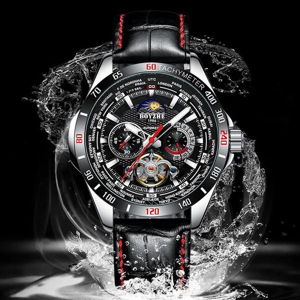 

wristwatches men's watches fashion leather sport watch for men waterproof tourbillon automatic mechanical reloj hombre, Slivery;brown