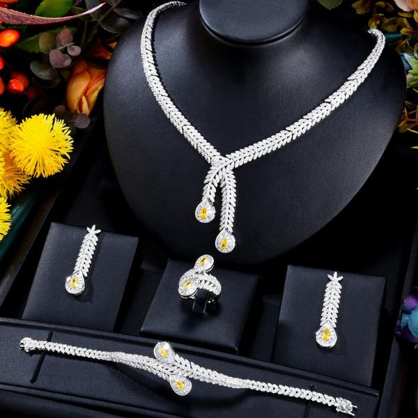

earrings & necklace soramoore 4pcs luxury shiny yellow cute statement jewelry sets for women wedding cubic zircon african dubai bridal, Silver
