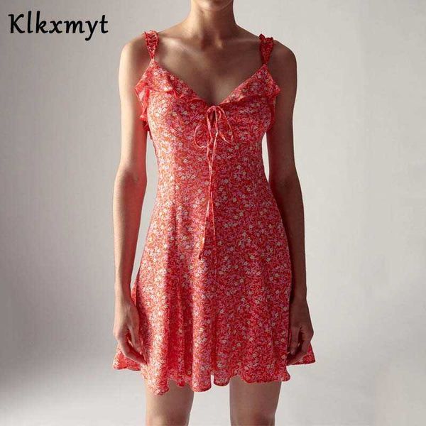 

klkxmyt za summer dress women red floral mini es woman ruffle strap backless slip sleeveless es 210527, Black;gray