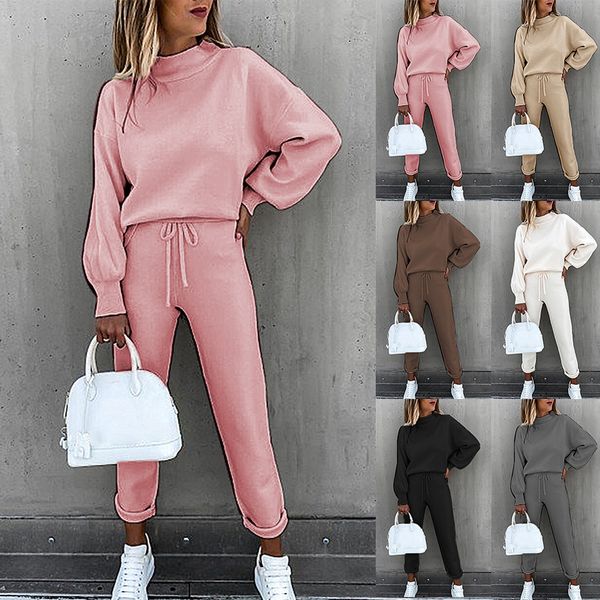 

women's tracksuits spring new european and american solid high collar long sleeve casual suit, Gray