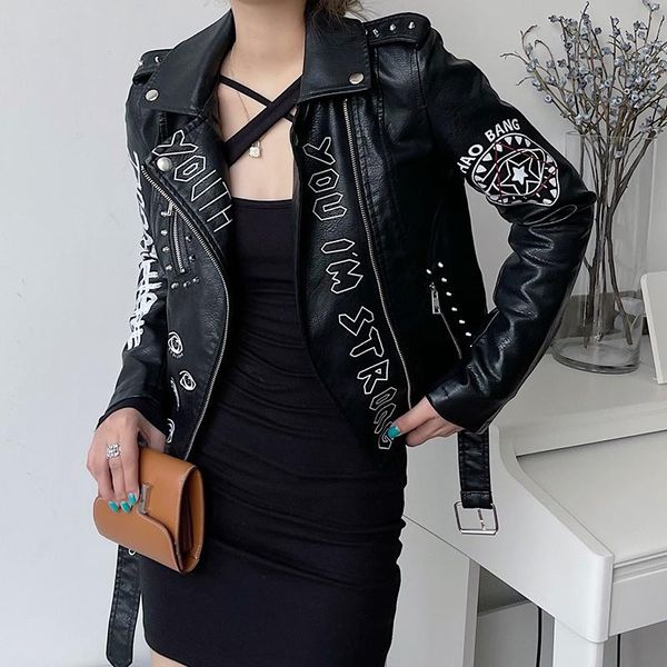 

women's leather & faux ftlzz spring autumn women high street jacket graffiti print pu with belt moto biker rivet short coat, Black