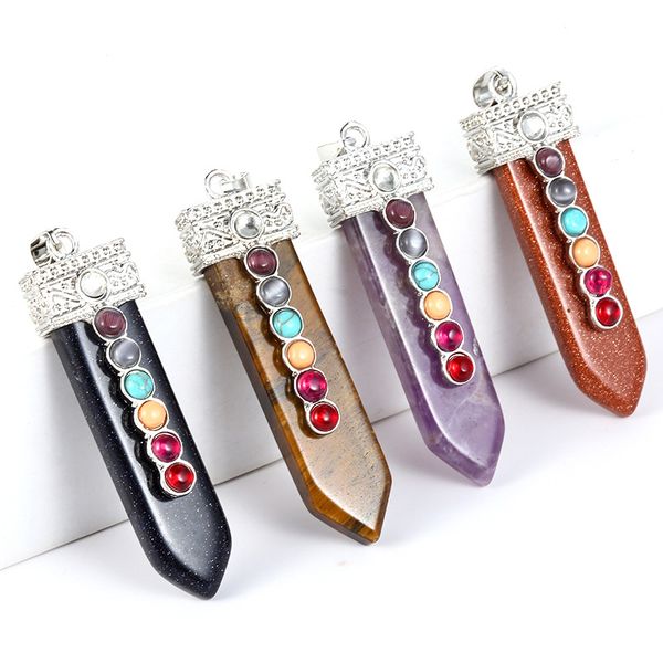 

natural stone chakela pendant seven chakras rhinestone pendulum reiki healing chakra rose quartz crystal pendulo charms for necklace earring, Silver