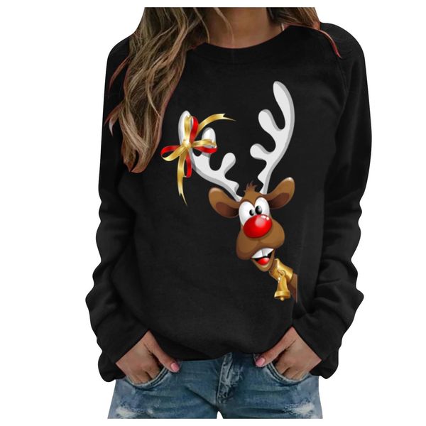

christmas cute print sweatshirt for women 2021 long sleeve female clothing autumn o-neck pullover merry chirstmas #t1g, Black
