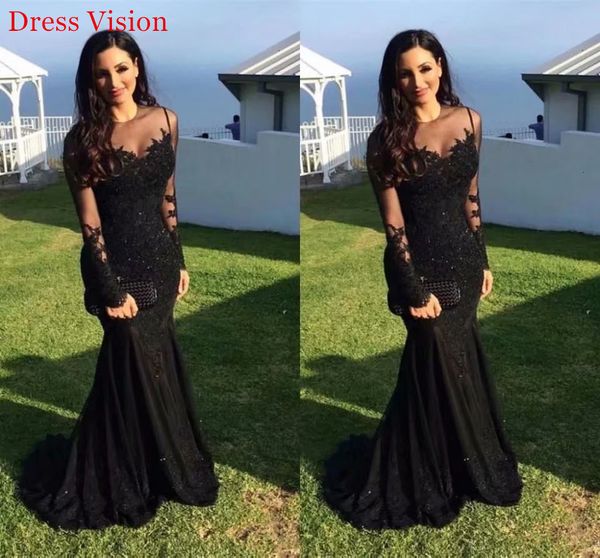 

2021 lace appliques long sleeves o-neck evening es formal robe de soiree prom party gowns black mermaid vbjn, White;black