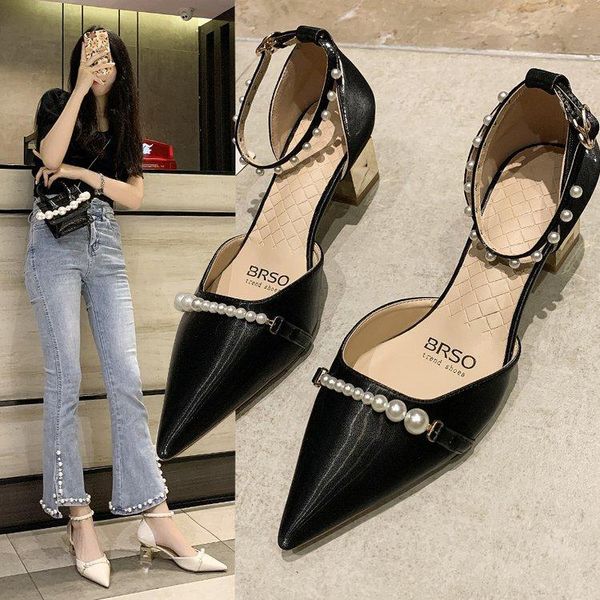 

sandals fashion pearl one line thick heel 2021 summer pointed high heels professional ol women's baotou, Black
