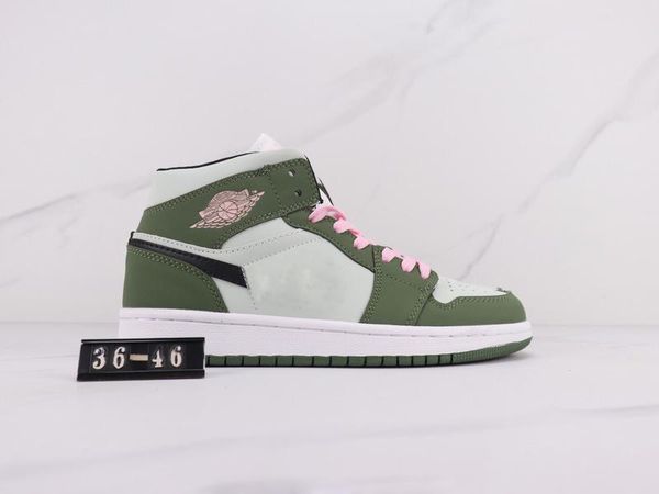 

(with box)2021 1 mid se dutch green basketball shoes with pink laces men women black green 1s sneaker