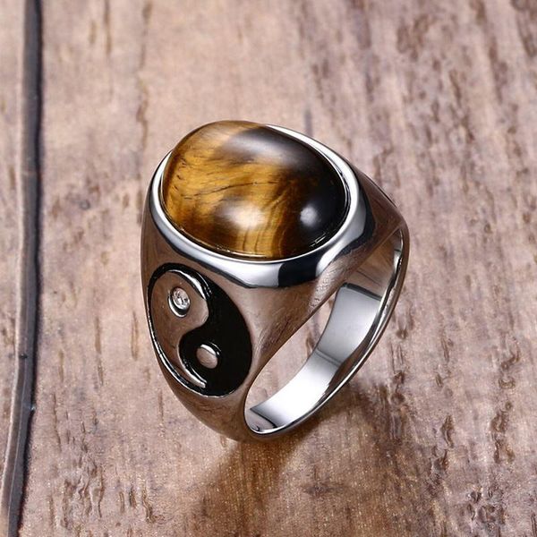 

wedding rings men ring oval tiger eye brown stones with yin yang signet in stainless steel jewelry vintage mens accessories, Slivery;golden