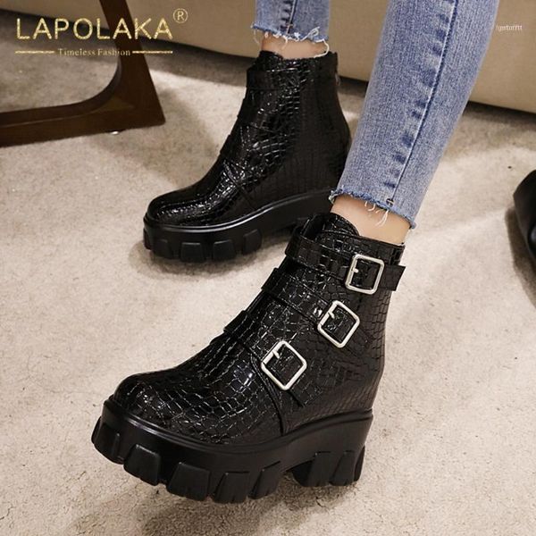 

boots lapolaka 2021 fashion buckle decoration ankle woman shoes zipper platform increasing heels spring autumn female11, Black