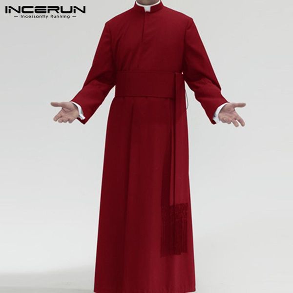 

ethnic clothing incerun fashion men jubba thobe long sleeve solid color muslim clothes islamic kaftan abaya dubai saudi arabia mens robes s-, Red