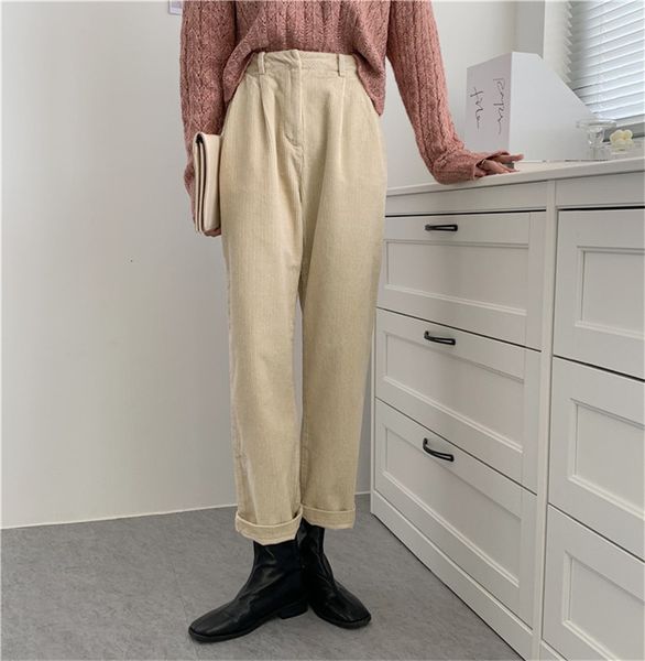 

2021 ol vintage casual high waist straight corduroy pants women bottoms new autumn winter fitness loose commuting trousers r483, Black;white