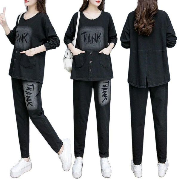 

women's two piece pants 2021 ladies autumn suit denim elasticated trousers mid long women cowgirl casual female two-piece, White