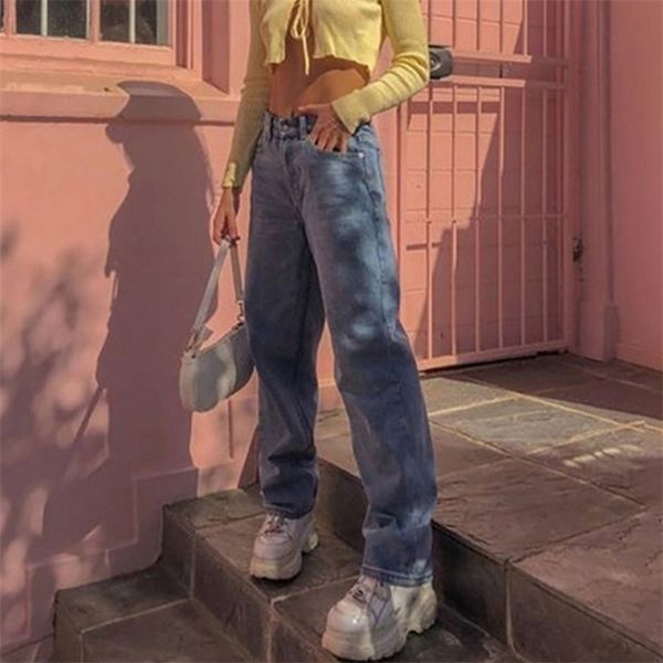 

high waist loose comfortable women plus size fashion casual straight pants mom washed boyfriend jeans, Blue