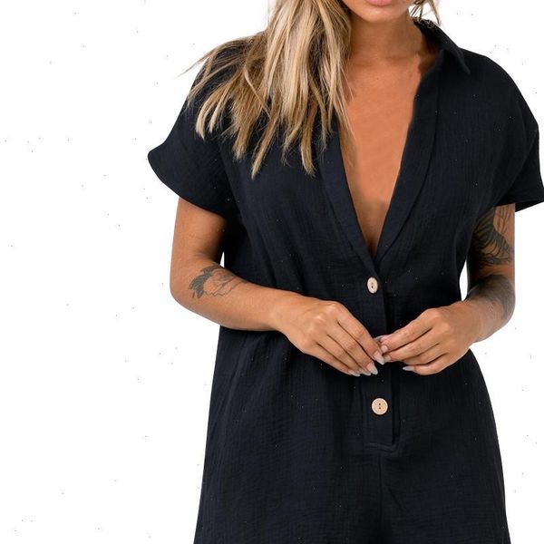 

clothes women summer bodysuit solid v neck short sleeve buttons cotton and linen casual pure color jumpsuits, Black;white