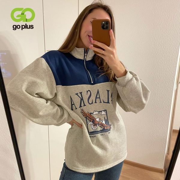 

women's hoodies & sweatshirts goplus women hoodie collar stand half zipper letter printing long sleeve vintage casual plus size, Black