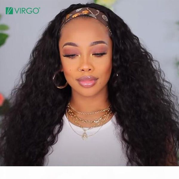 

virgo glueless water wave headband wigs brazilian scarf wig remy human hair wigs for women beginner friendly, Black;brown