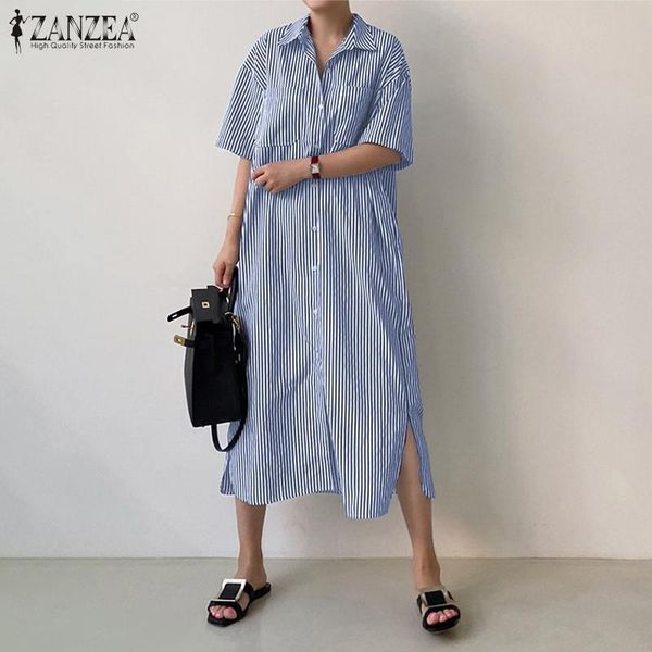 

party dresses fashion stripe shirt dress zanzea 2021 women summer sundress split short sleeve midi vestidos female button lapel robe oversiz, White;black