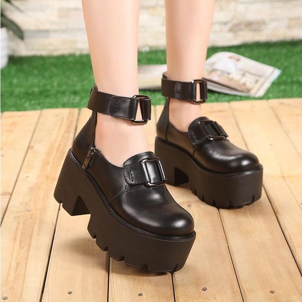 

dress shoes genuine leather platform woman fashion block high heel punk black pumps vintage round toe zapatos de mujer 2021