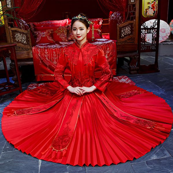 

red formal cheongsam style bridal costume chinese traditional fabric phoenix tang qipao suit a5r0, Blue;red