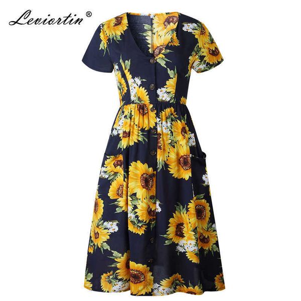 Leviortin Designer Button Dress Summer Manica Corta Neck V-Neck Abiti da spiaggia Donne Midi Abito da girasole floreale con tasche 210527