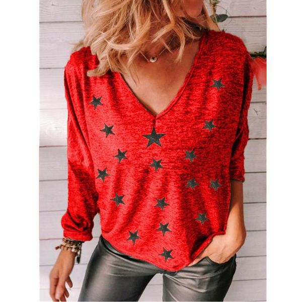 

women's t-shirt women cotton pullovers ladies fashion casual stars printed v neck shirt long sleeve plus size spring autumn loose, White