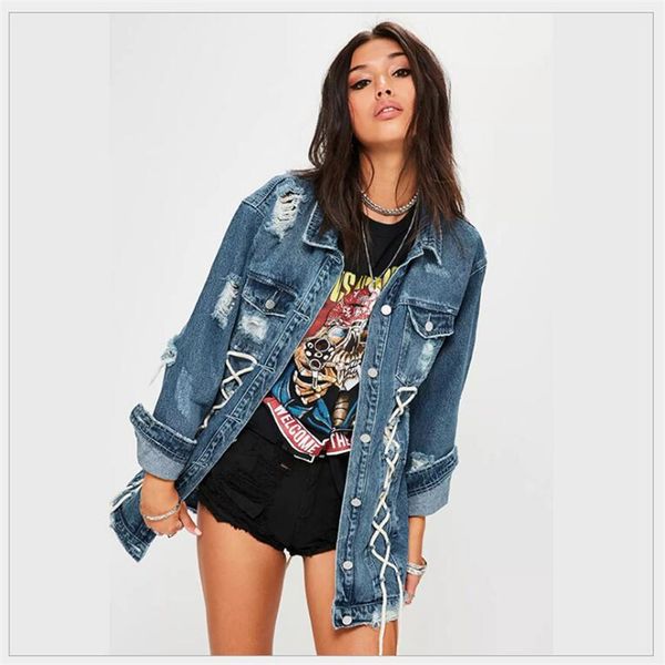

women autumn denim jackets vintage hole boyfriend style casual street jackets loose back drawstring denim coat outwears, Black;brown