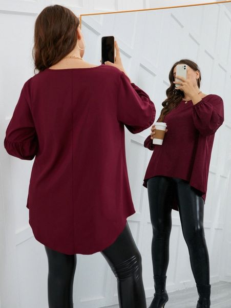 

plus lantern sleeve high low blouse o5f3#, Black