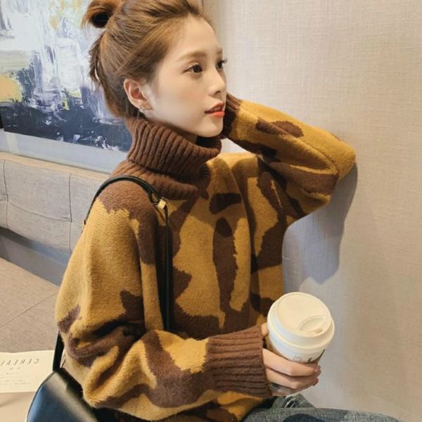 

women's sweaters autumn and winter leopard high collar-impression woman's red net sweater lazy female wind loose outside knitted s, White;black
