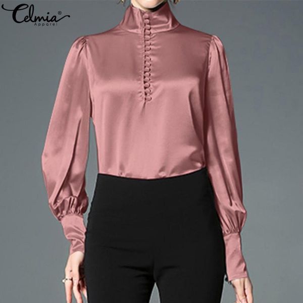 

women's blouses & shirts celmia fashion women satin turtleneck long lantern sleeve buttons solid elegant office work blusas plus size, White