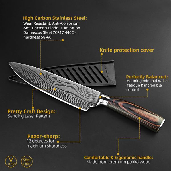

kitchen knives set professiona chef knives japanese 7cr17 440c high carbon stainess stee imitation damascus pattern knife set