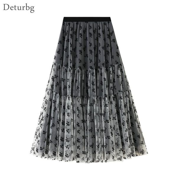 

women's elegant ditsy floral embroidered skirt korean female high waist 3 layer mesh black a-line midi skirts 2021 spring sk683