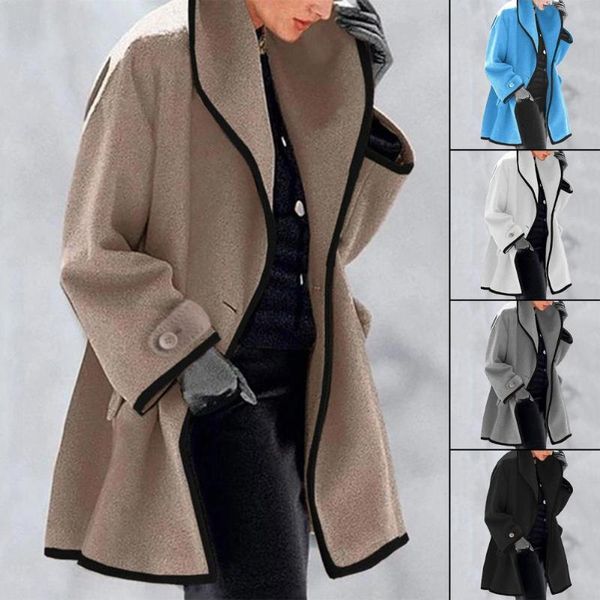 

women's trench coats office lady loose long women turn-down collar button woolen coat autumn winter sleeve pocket jacket elegant, Tan;black