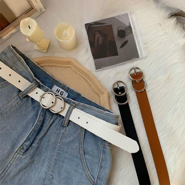 

pu leather women's alloy double ring circle buckle fashion adjustable belt retro punk ladies girl dress jeans student belts, Black;brown
